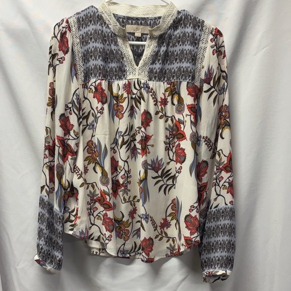 LOFT Tops - LOFT Cream Floral Mixed-Print Peasant Blouse with Red & Blue Accents
